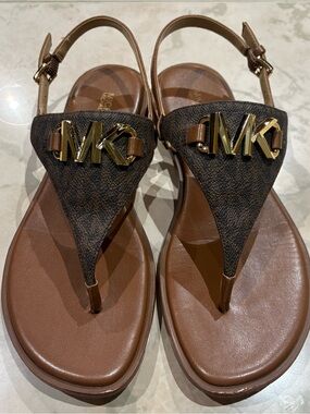 Michael Kors Brown Logo REED Flat Thong Sandals with Gold MK Hardware